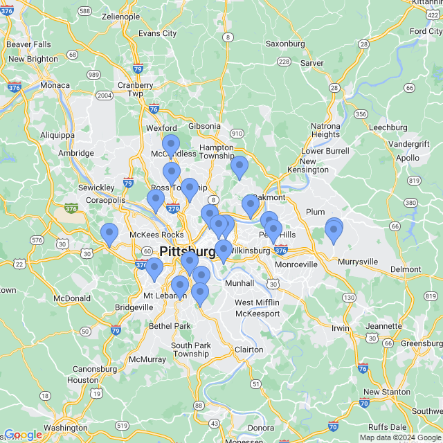 Map of veterinarians in Pittsburgh, PA