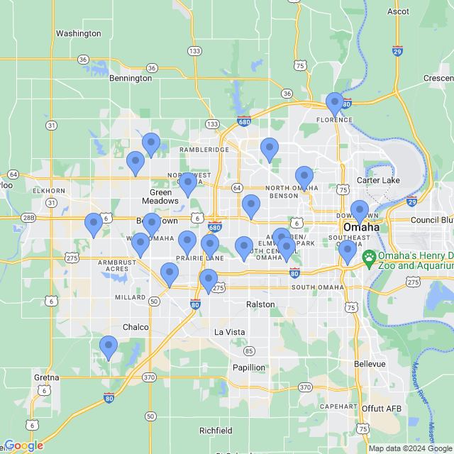 Map of veterinarians in Omaha, NE