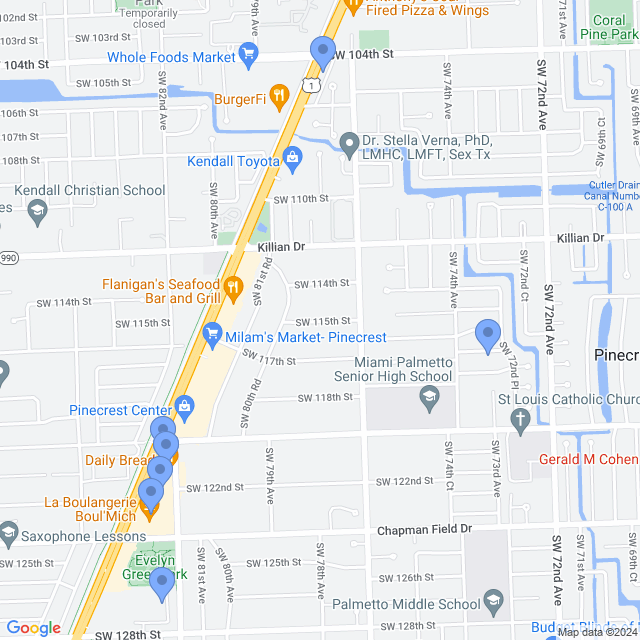 Map of veterinarians in Pinecrest, FL