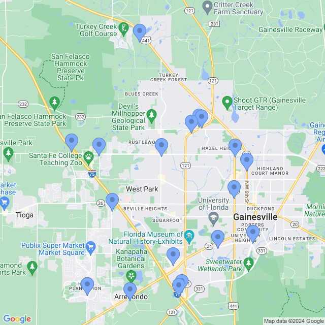 Map of veterinarians in Gainesville, FL