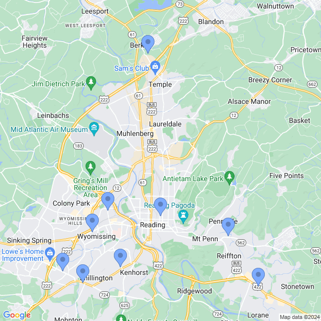 Map of veterinarians in Reading, PA