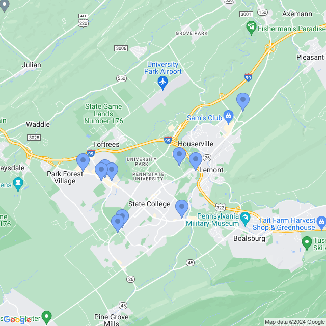 Map of veterinarians in State College, PA