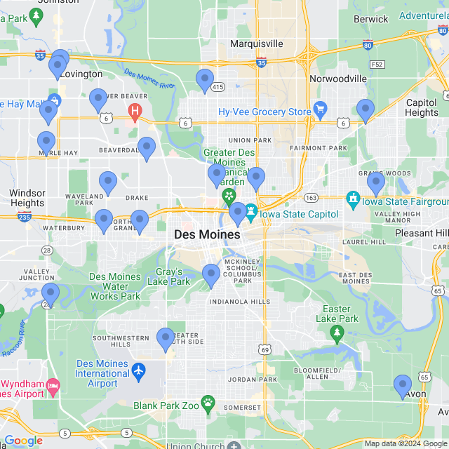 Map of veterinarians in Des Moines, IA
