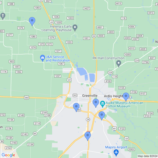 Map of veterinarians in Greenville, TX