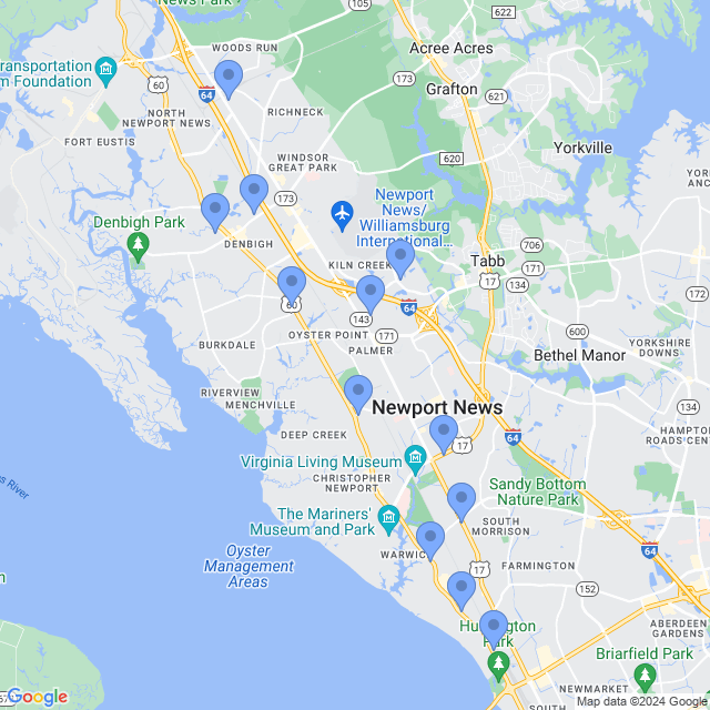 Map of veterinarians in Newport News, VA