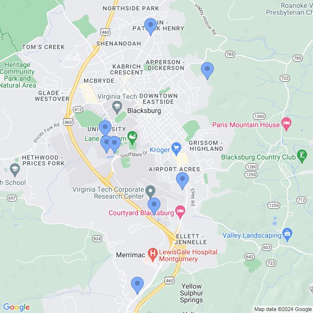 Map of veterinarians in Blacksburg, VA