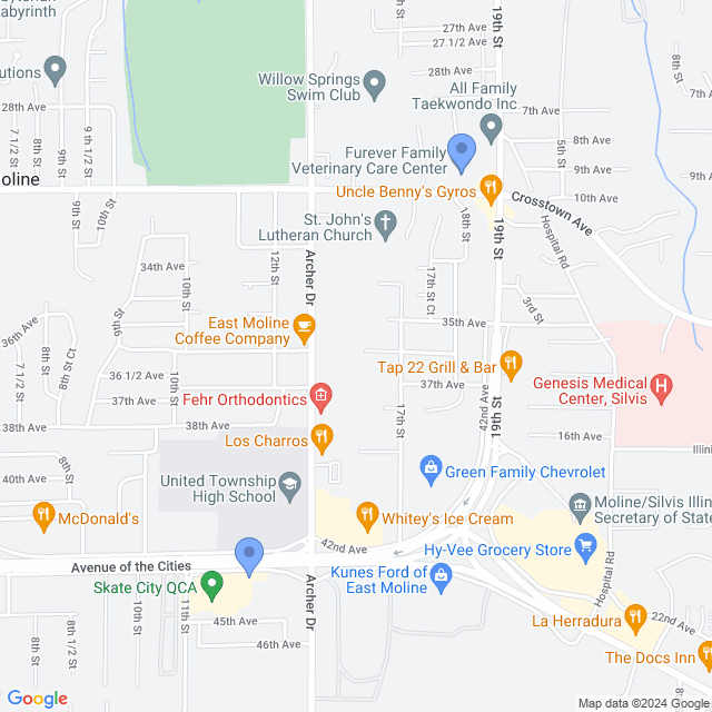 Map of veterinarians in East Moline, IL