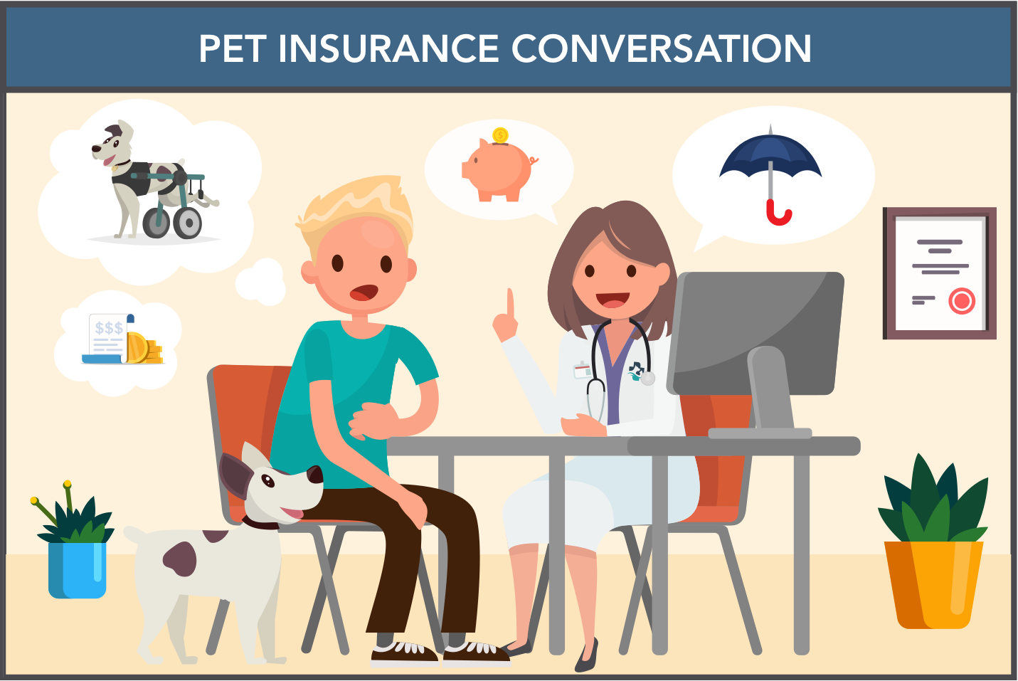A veterinarian talk with a pet parent about pet insurance and why it's important to purchase.