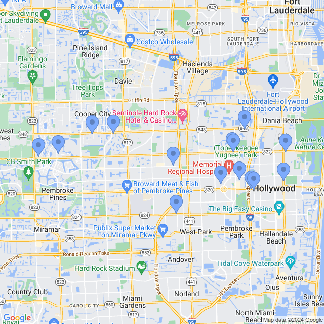 Map of veterinarians in Hollywood, FL