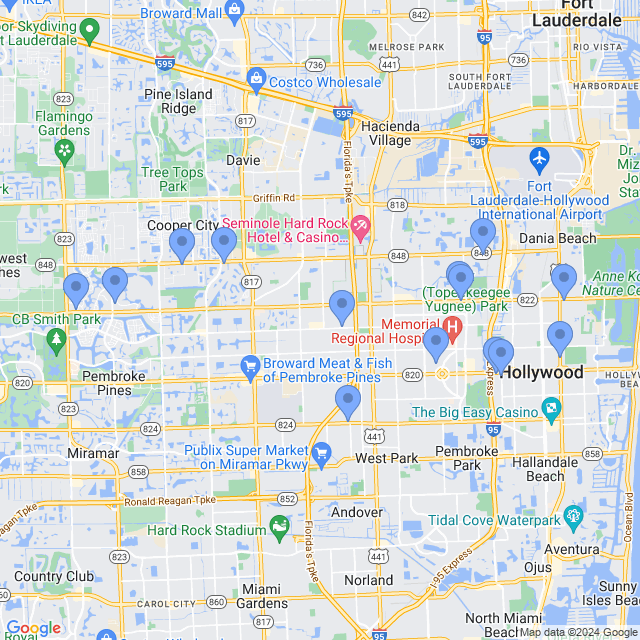 Map of veterinarians in Hollywood, FL