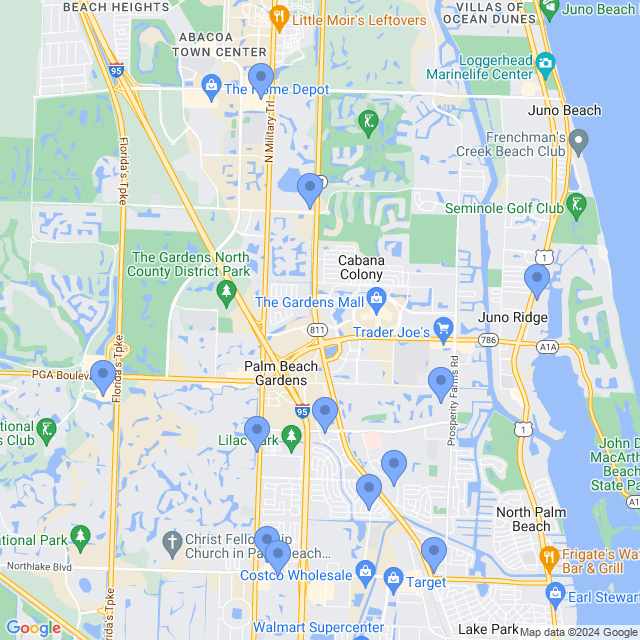 Map of veterinarians in Palm Beach Gdns, FL