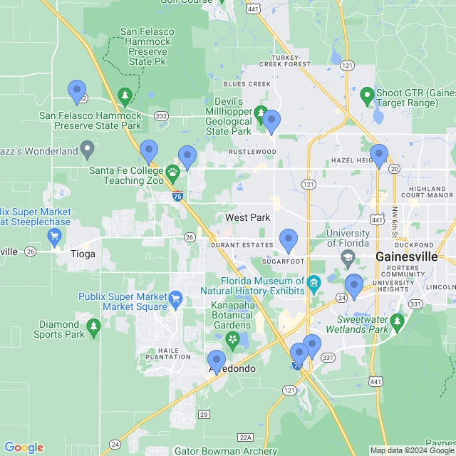 Map of veterinarians in Gainesville, FL