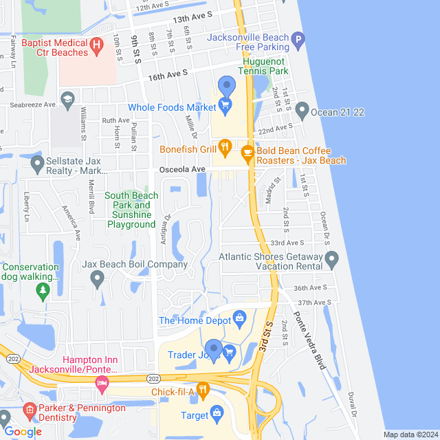 Map of veterinarians in Jacksonville Beach, FL