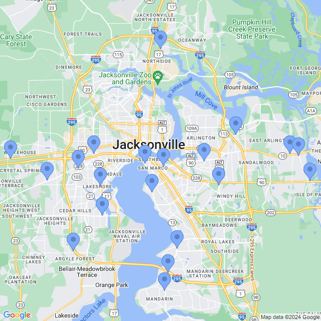 Map of veterinarians in Jacksonville, FL