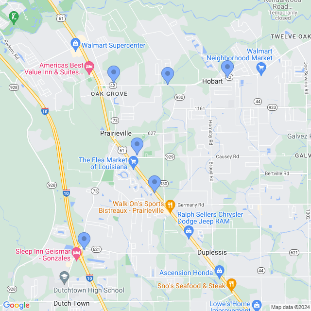Map of veterinarians in Prairieville, LA