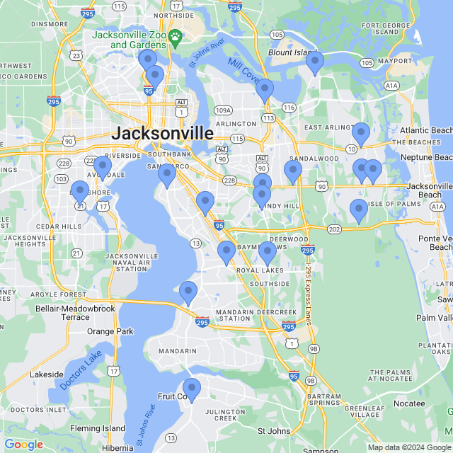 Map of veterinarians in Jacksonville, FL