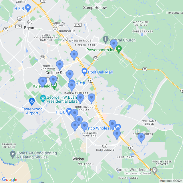 Map of veterinarians in College Station, TX