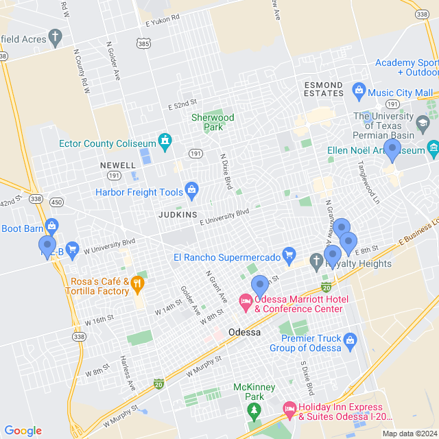Map of veterinarians in Odessa, TX