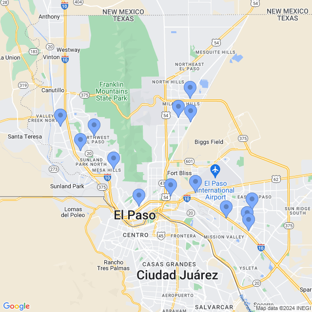 Map of veterinarians in El Paso, TX