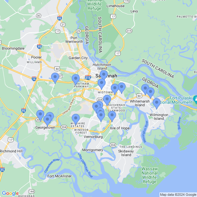 Map of veterinarians in Savannah, GA