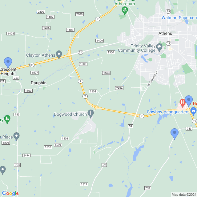 Map of veterinarians in Athens, TX
