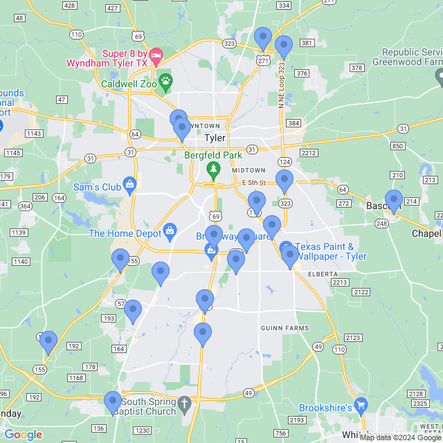 Map of veterinarians in Tyler, TX