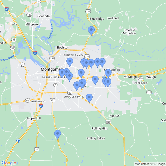 Map of veterinarians in Montgomery, AL