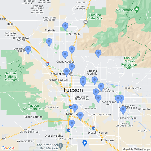 Map of veterinarians in Tucson, AZ