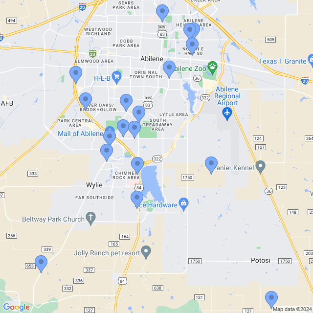 Map of veterinarians in Abilene, TX