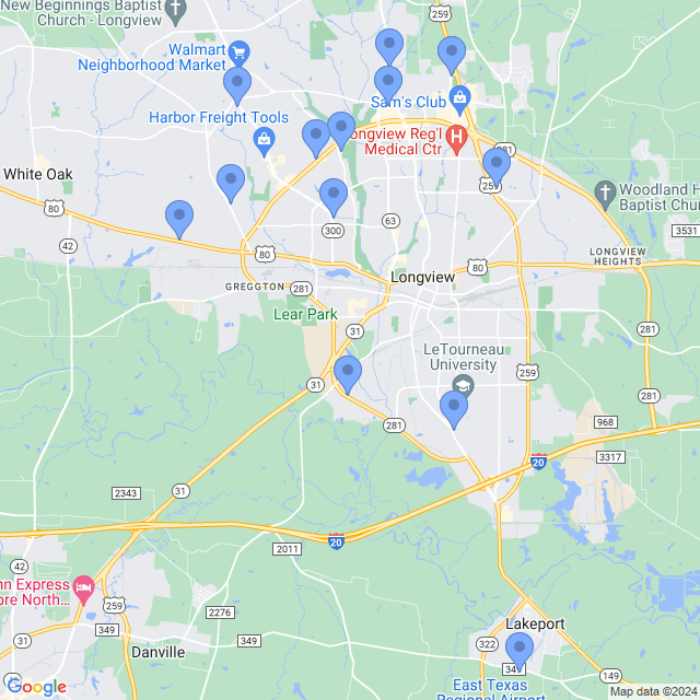 Map of veterinarians in Longview, TX