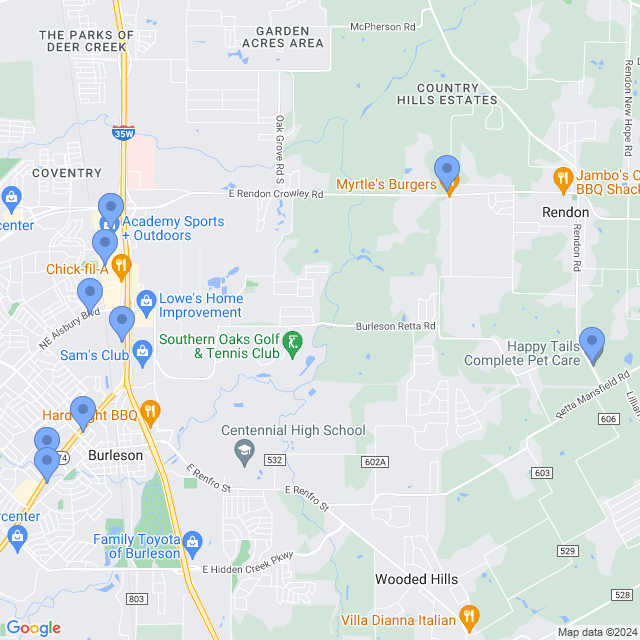 Map of veterinarians in Burleson, TX
