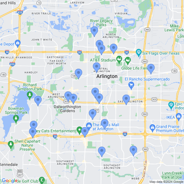 Map of veterinarians in Arlington, TX