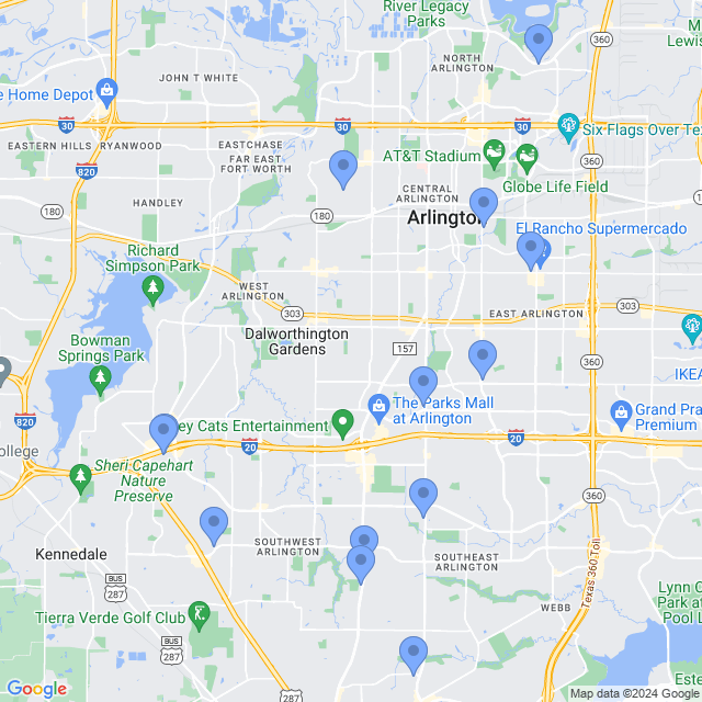 Map of veterinarians in Arlington, TX