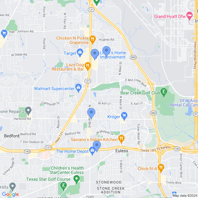 Map of veterinarians in Euless, TX
