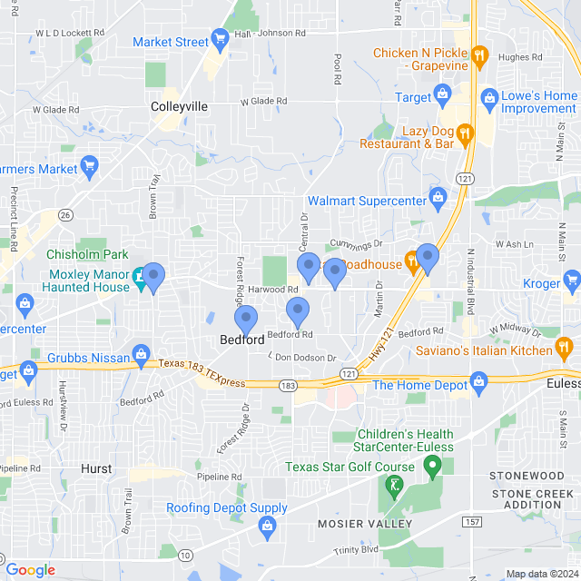 Map of veterinarians in Bedford, TX