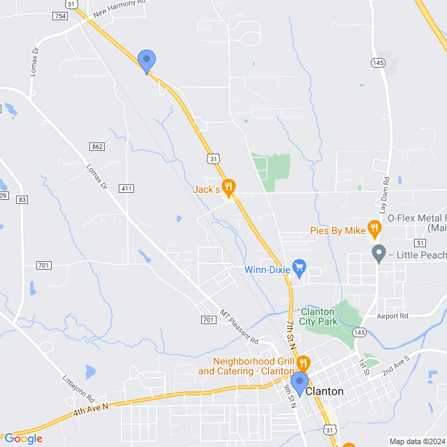 Map of veterinarians in Clanton, AL