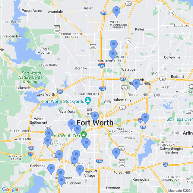 Map of veterinarians in Fort Worth, TX