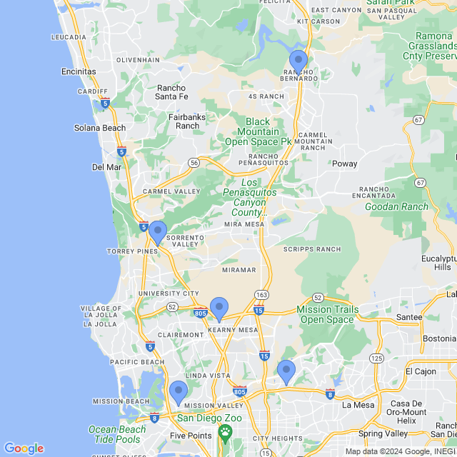 Map of veterinarians in San Diego, CA
