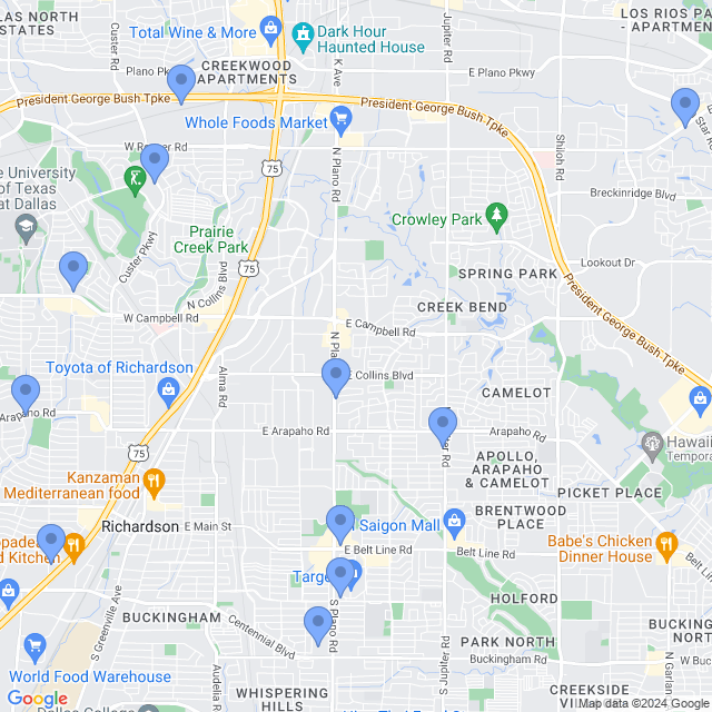 Map of veterinarians in Richardson, TX