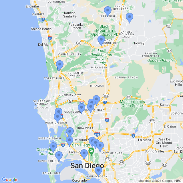 Map of veterinarians in San Diego, CA