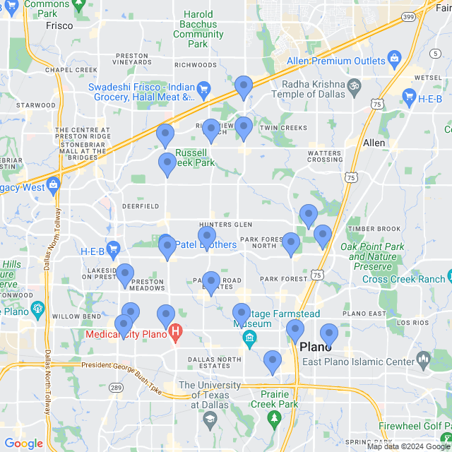 Map of veterinarians in Plano, TX