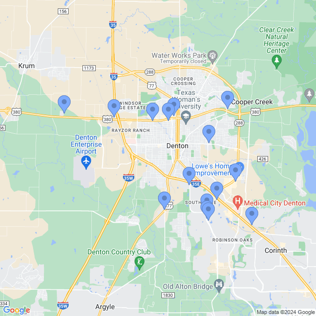Map of veterinarians in Denton, TX