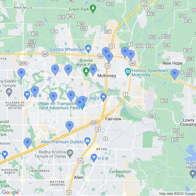Map of veterinarians in Mckinney, TX