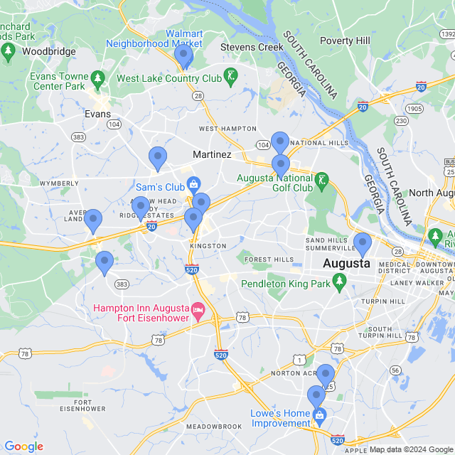 Map of veterinarians in Augusta, GA