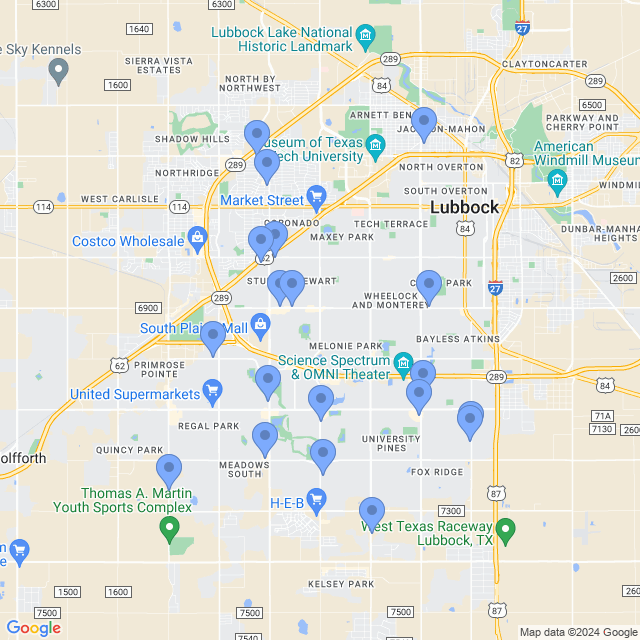 Map of veterinarians in Lubbock, TX