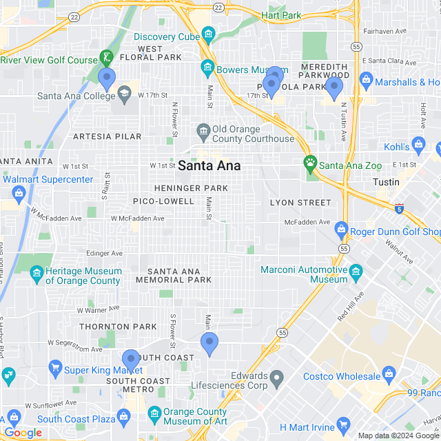 Map of veterinarians in Santa Ana, CA