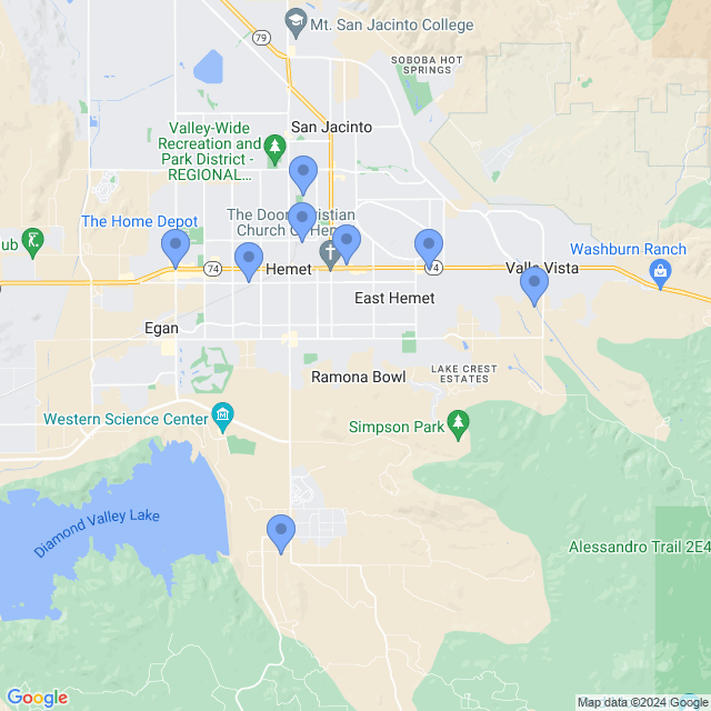 Map of veterinarians in Hemet, CA