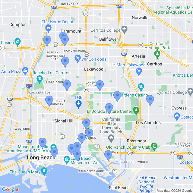 Map of veterinarians in Long Beach, CA