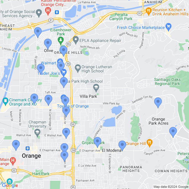 Map of veterinarians in Orange, CA