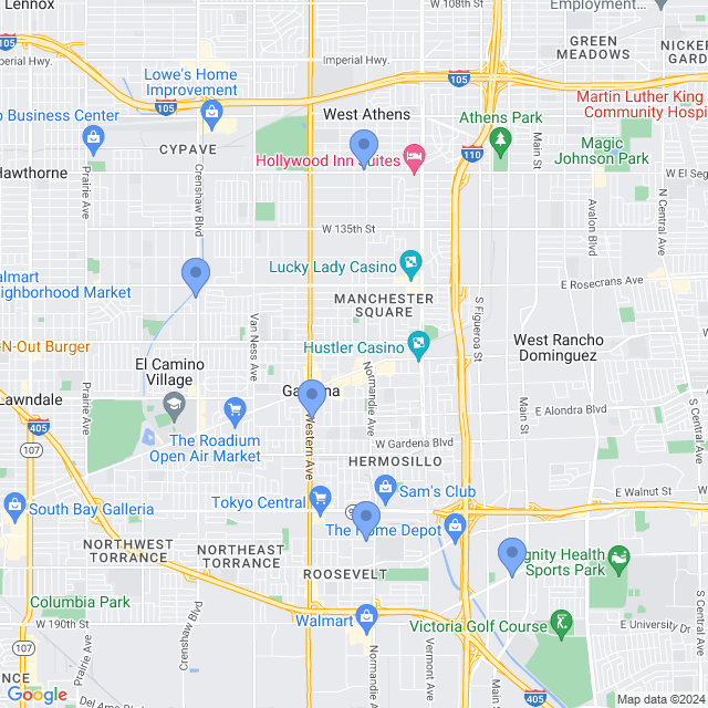 Map of veterinarians in Gardena, CA
